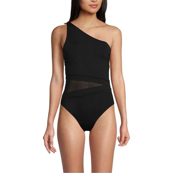 Land's End Smoothing Mesh One Piece Swimsuit One shoulder Soft cup Black Various - Picture 2 of 11